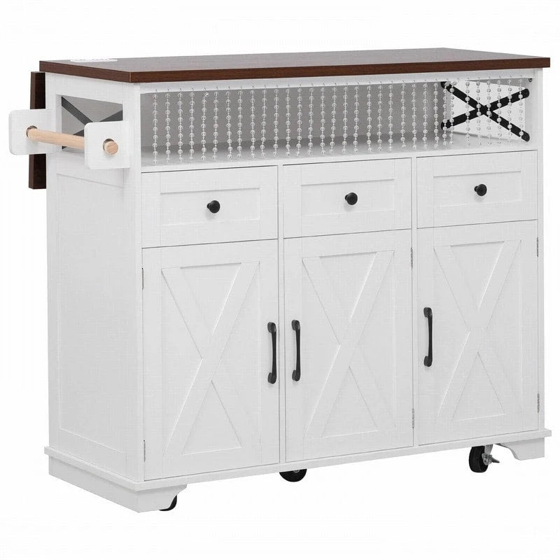 Farmhouse 46.5 Kitchen Island with Power Outlet, Rolling Kitchen Cart on Wheels with Drop Leaf