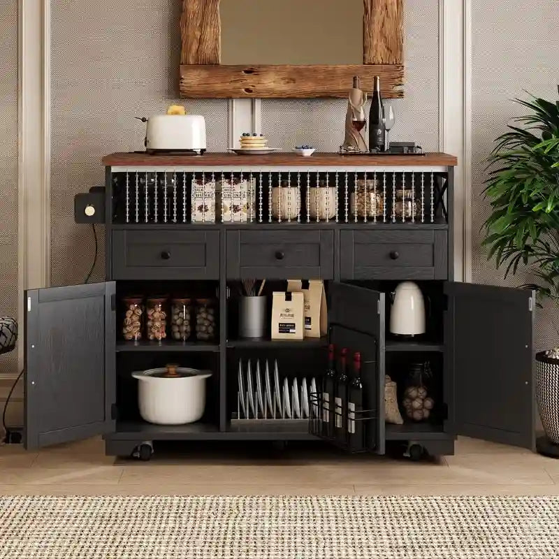 Farmhouse 46.5 Kitchen Island with Power Outlet, Rolling Kitchen Cart on Wheels with Drop Leaf