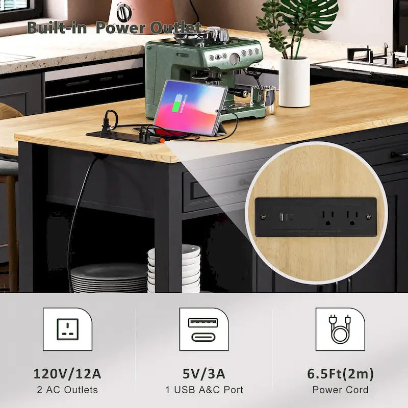 Extendable Kitchen Island on Wheels, Rolling Mobile Kitchen Cart, Bar Cabinet with Internal Storage Rack, 2 Drawers & 2 Cabinet