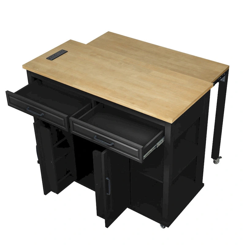 Extendable Kitchen Island on Wheels, Rolling Mobile Kitchen Cart, Bar Cabinet with Internal Storage Rack, 2 Drawers & 2 Cabinet