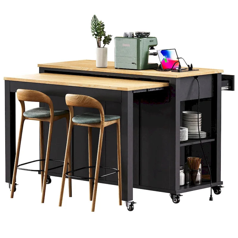Extendable Kitchen Island on Wheels, Rolling Mobile Kitchen Cart, Bar Cabinet with Internal Storage Rack, 2 Drawers & 2 Cabinet