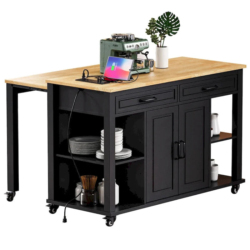 Extendable Kitchen Island on Wheels, Rolling Mobile Kitchen Cart, Bar Cabinet with Internal Storage Rack, 2 Drawers & 2 Cabinet