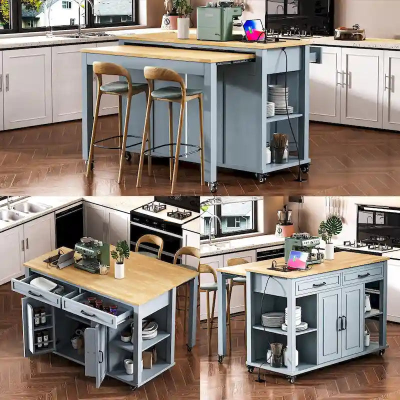 Extendable Kitchen Island on Wheels, Rolling Mobile Kitchen Cart, Bar Cabinet with Internal Storage Rack, 2 Drawers & 2 Cabinet