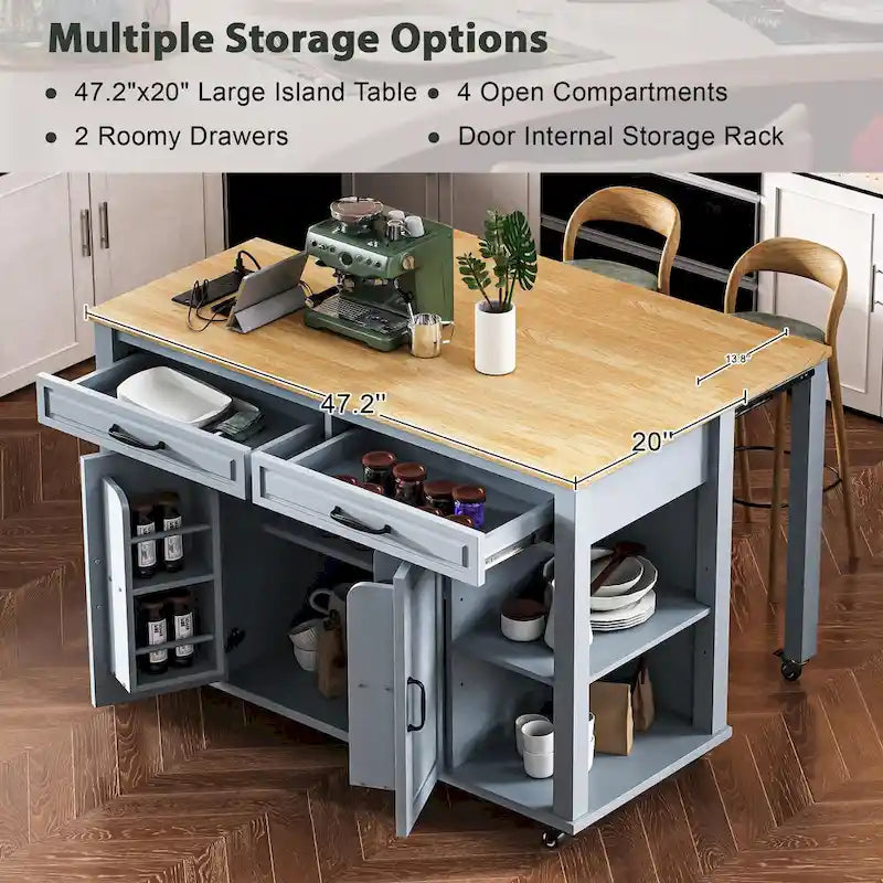 Extendable Kitchen Island on Wheels, Rolling Mobile Kitchen Cart, Bar Cabinet with Internal Storage Rack, 2 Drawers & 2 Cabinet