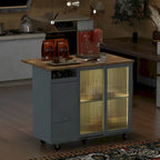 LED Light Kitchen Island Cart, Drop Leaf Breakfast Bar on Wheels, Bar Cabinet with 2 Drawers, 2 Glass Doors & 1 Flip Cabinet