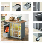LED Light Kitchen Island Cart, Drop Leaf Breakfast Bar on Wheels, Bar Cabinet with 2 Drawers, 2 Glass Doors & 1 Flip Cabinet