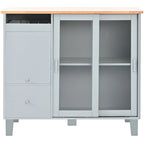 LED Light Kitchen Island Cart, Drop Leaf Breakfast Bar on Wheels, Bar Cabinet with 2 Drawers, 2 Glass Doors & 1 Flip Cabinet