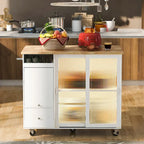 LED Light Kitchen Island Cart, Drop Leaf Breakfast Bar on Wheels, Bar Cabinet with 2 Drawers, 2 Glass Doors & 1 Flip Cabinet