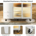 LED Light Kitchen Island Cart, Drop Leaf Breakfast Bar on Wheels, Bar Cabinet with 2 Drawers, 2 Glass Doors & 1 Flip Cabinet