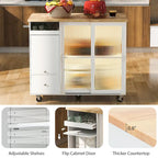 LED Light Kitchen Island Cart, Drop Leaf Breakfast Bar on Wheels, Bar Cabinet with 2 Drawers, 2 Glass Doors & 1 Flip Cabinet