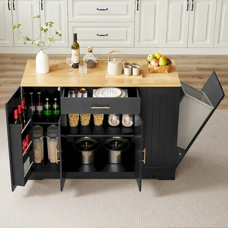Kitchen Island with Tilt Out Trash Can Holder, Mobile Islands Table with Drawer, Adjustable Shelves & 3 Layer Open Side Racks