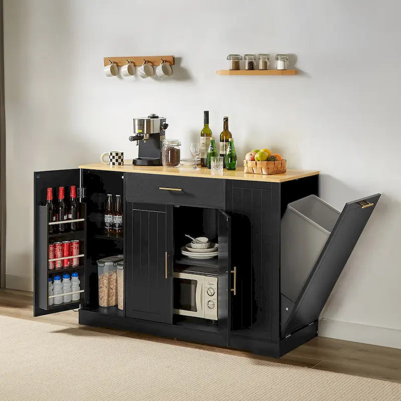 Kitchen Island with Tilt Out Trash Can Holder, Mobile Islands Table with Drawer, Adjustable Shelves & 3 Layer Open Side Racks