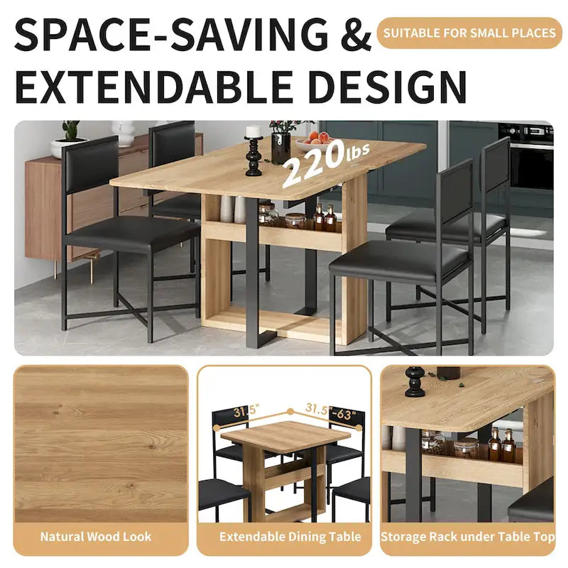 Extendable Dining Table Set for 4Modern Compact Dining Set w/Foldable Dining Table