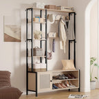 Javlergo Hall Tree for Entryway, Coat Rack with Bench Shoe Storage, 5-in-1 Entryway Bench Coat Rack with 9 Hooks