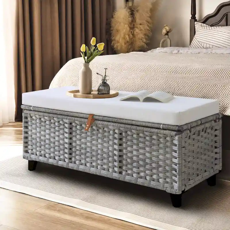 Wicker Storage Bench with Cushion for Bedroom, Living Room, Porch - 18.5 H X 43.3 W X 18.5 D