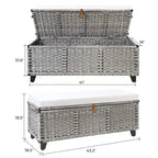 Wicker Storage Bench with Cushion for Bedroom, Living Room, Porch - 18.5 H X 43.3 W X 18.5 D