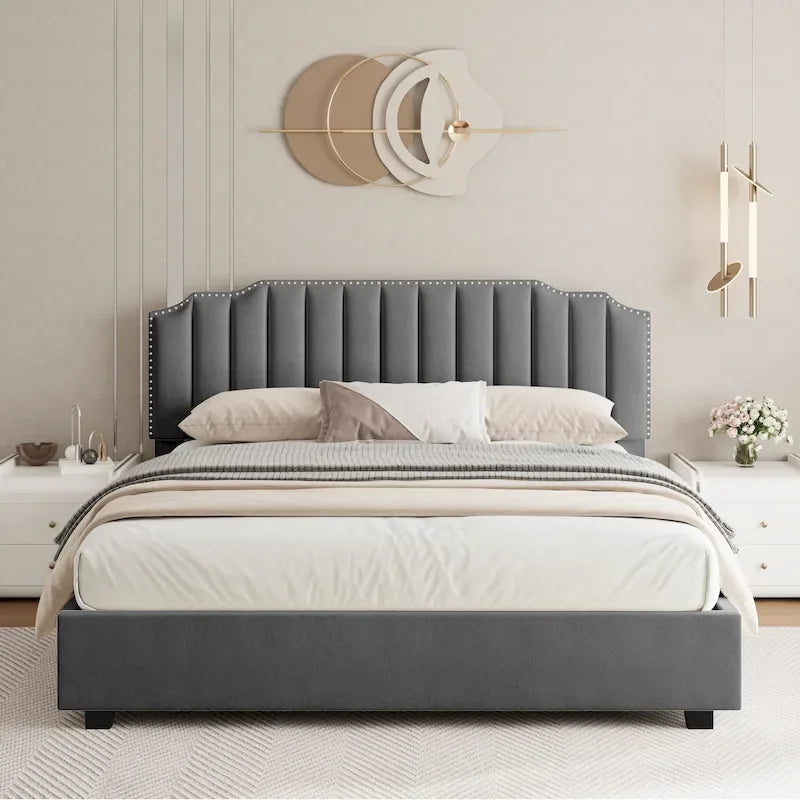 Velvet Upholstered Lift-up Platform Storage Bed