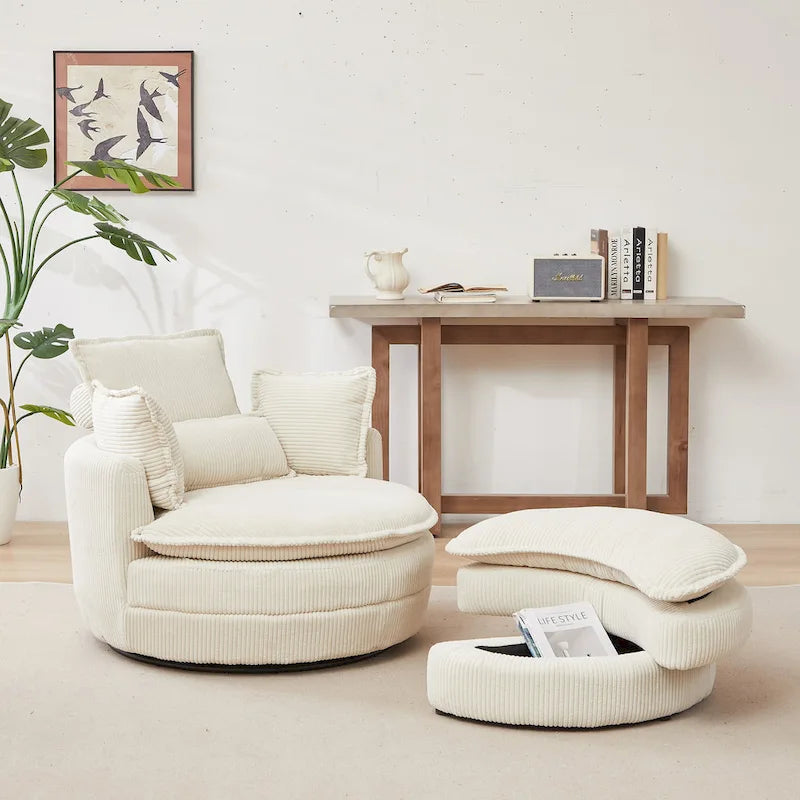 Oversized Swivel Barrel Chair with moon storage ottoman