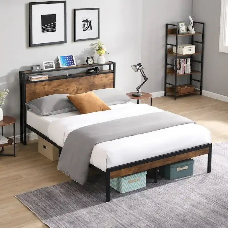 Metal and Wood Platform Bed Frame