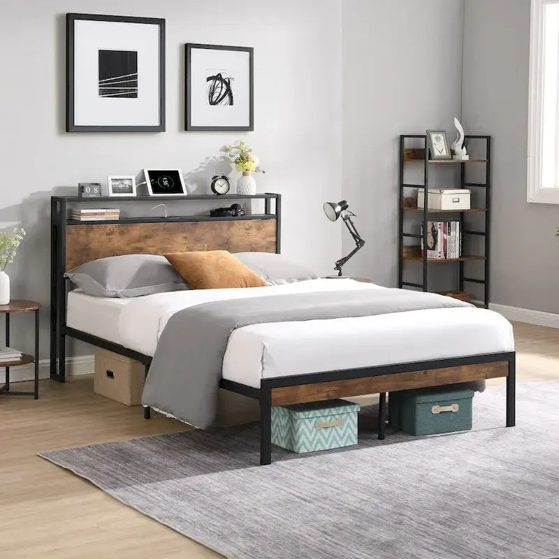 Metal and Wood Platform Bed Frame