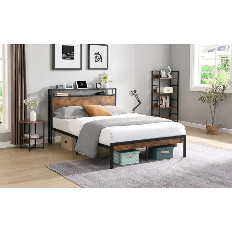 Metal and Wood Platform Bed Frame