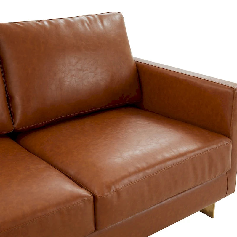 LeisureMod Lincoln Modern Upholstered Leather Sofa with Gold Frame - 83