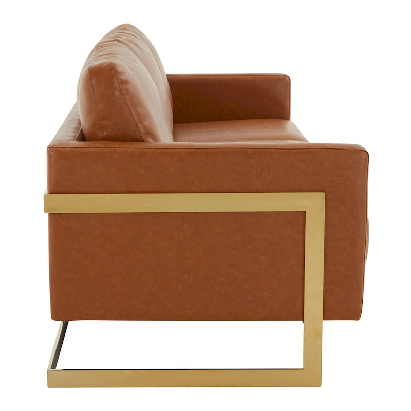 LeisureMod Lincoln Modern Upholstered Leather Sofa with Gold Frame - 83