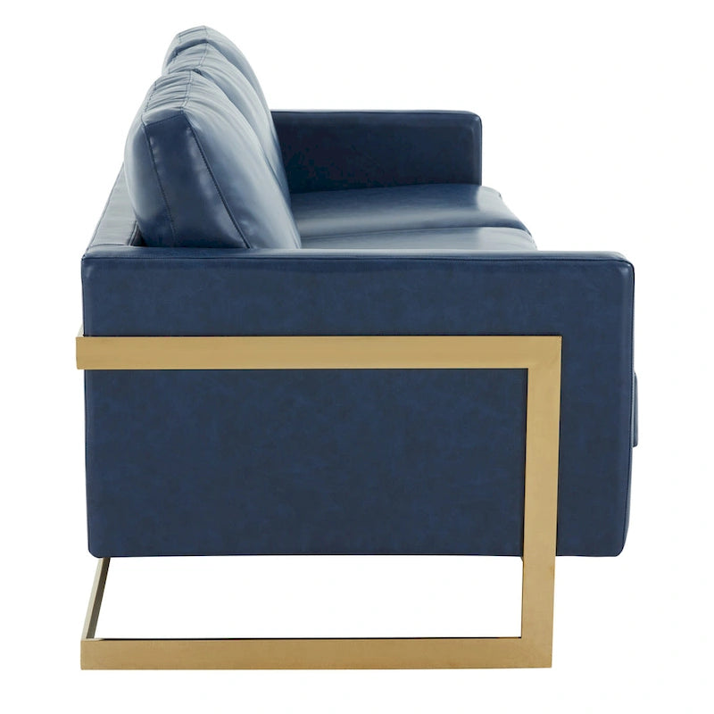 LeisureMod Lincoln Modern Upholstered Leather Sofa with Gold Frame - 83