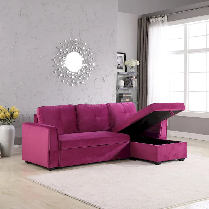 91-in. Velvet Reversible Convertible Storage Sectional/Sofa Sleeper