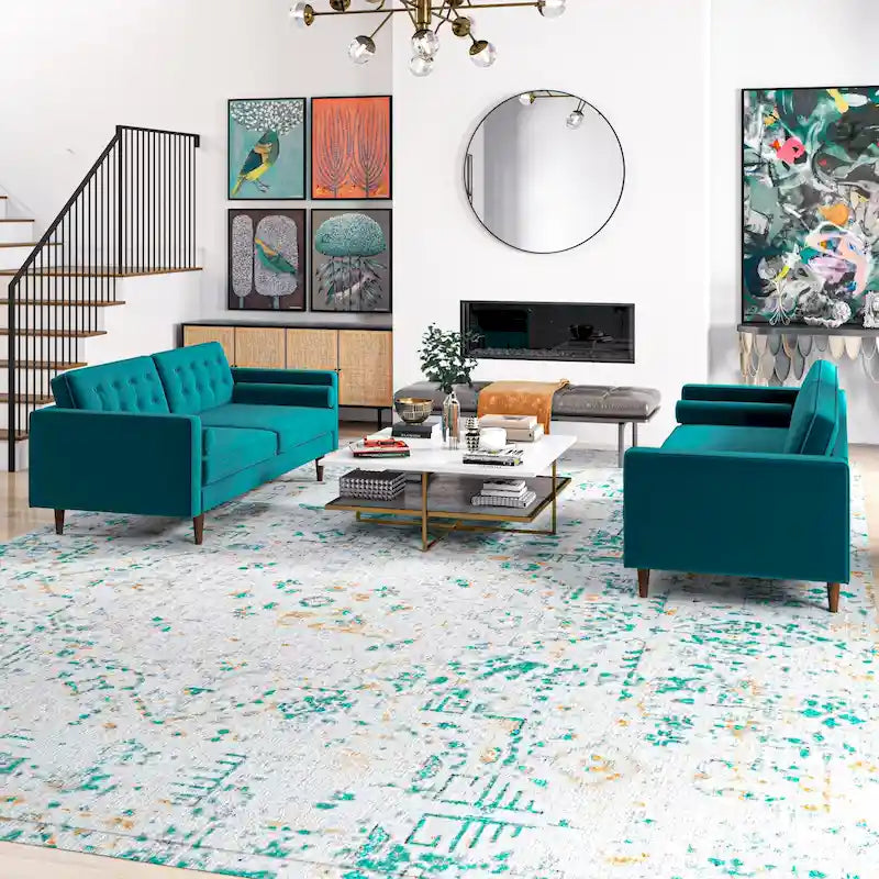 Kenzo Mid Century Pillow Back Velvet Sofa and Loveseat Set