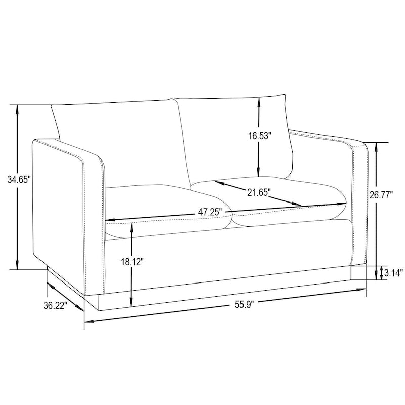LeisureMod Nervo Modern Leather Loveseat With Gold Base & Cushions - 55.9