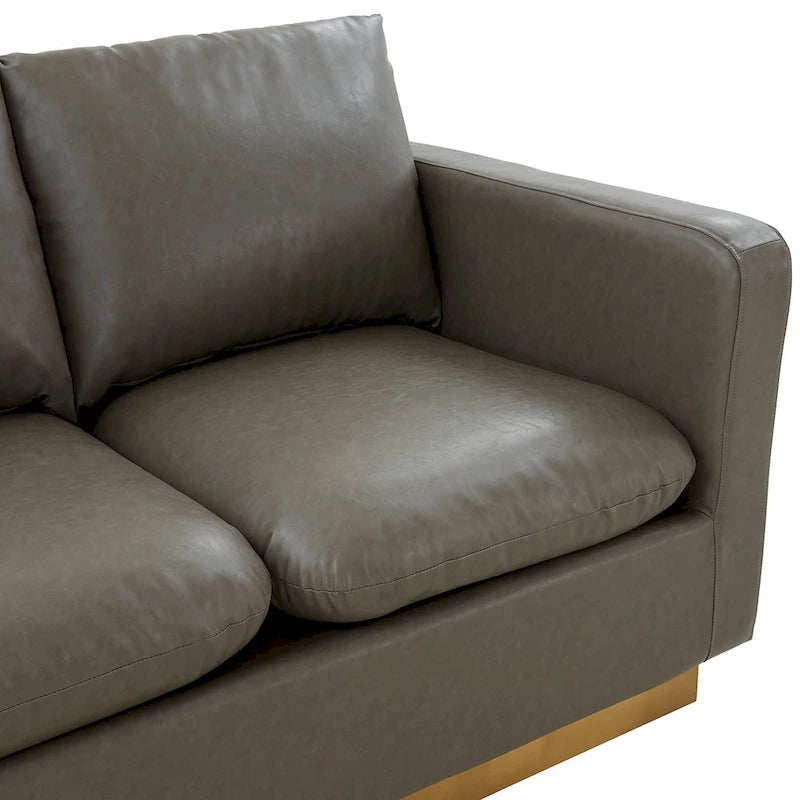 LeisureMod Nervo Modern Leather Loveseat With Gold Base & Cushions - 55.9