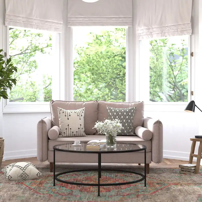 Compact Faux Linen Upholstered Loveseat with Wooden Legs