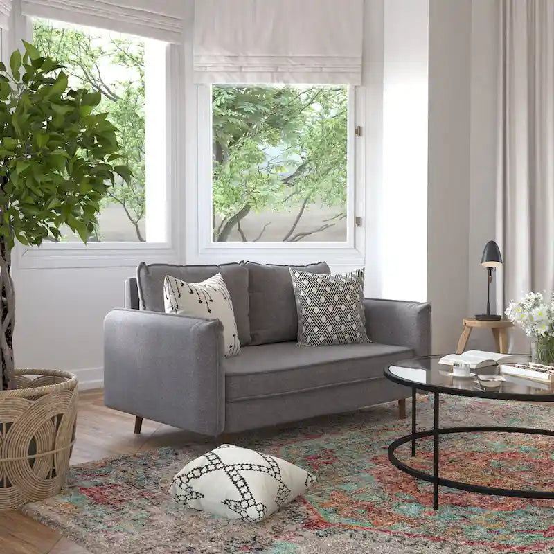 Compact Faux Linen Upholstered Loveseat with Wooden Legs
