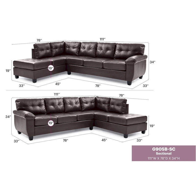 Gallant 111 in. W 2-piece Faux Leather L Shape Sectional Sofa - 78L x 111W x 32H