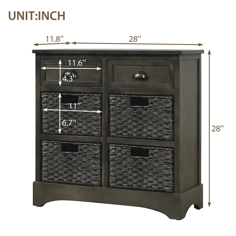 Storage Cabinet with Two Drawers and Four Classic Rattan Basket