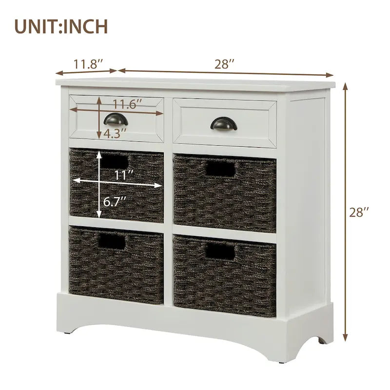 Storage Cabinet with Two Drawers and Four Classic Rattan Basket