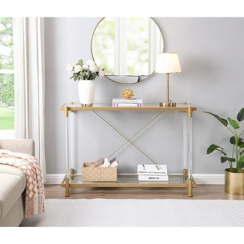 Grondin Modern Contemporary 2-Tier Console Table with Tempered Glass Top, Bottom Shelf, Steel and Acrylic Frame