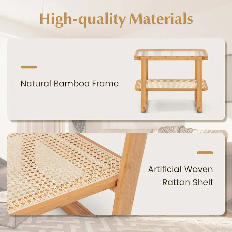 Bamboo Side Table with Rattan Shelf Glass Top Nightstand End Table