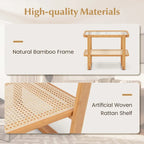 Bamboo Side Table with Rattan Shelf Glass Top Nightstand End Table