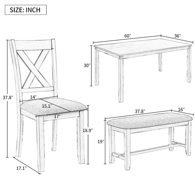 Nestfair 6-Piece Dining Table Set with 4 Fabric Chairs and Bench