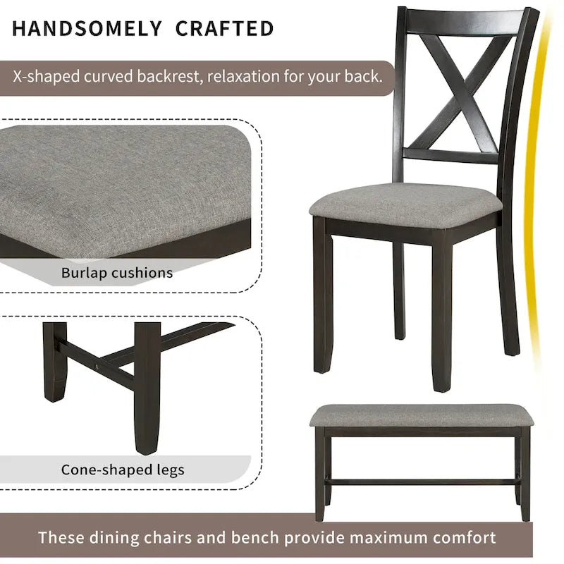 Nestfair 6-Piece Dining Table Set with 4 Fabric Chairs and Bench