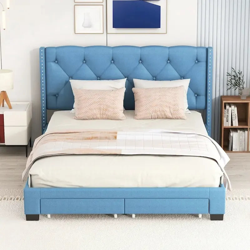 Queen Size Linen Platform Bed with 2 Drawers