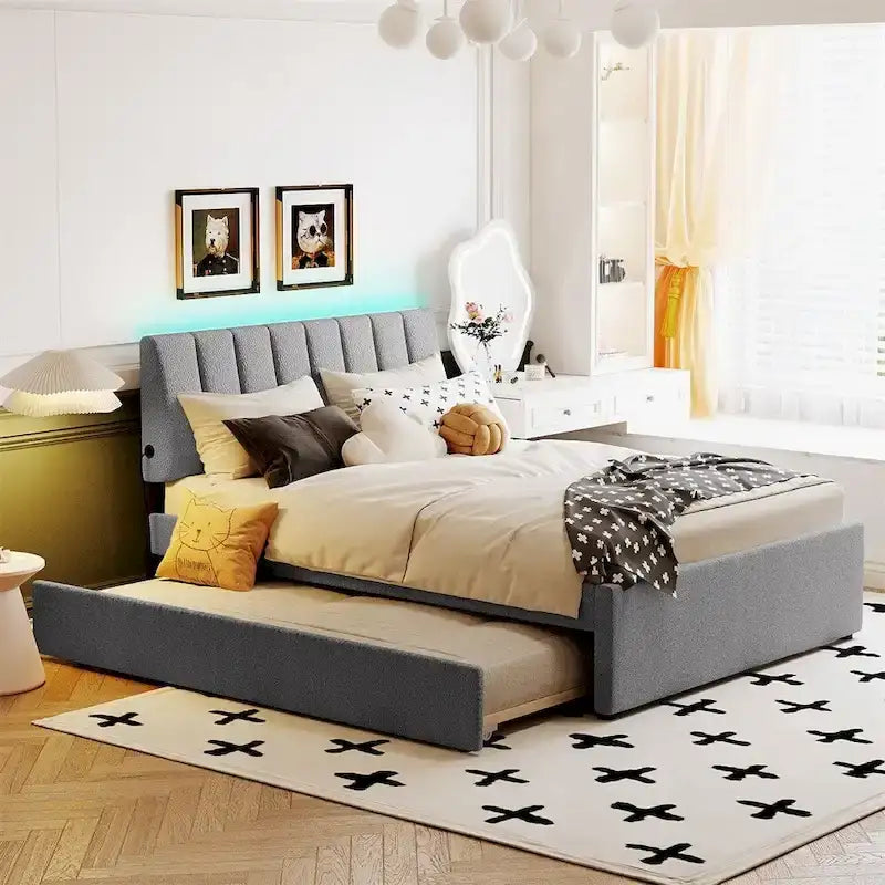 Teddy Fleece Full Size Upholstered Platform Bed with Trundle