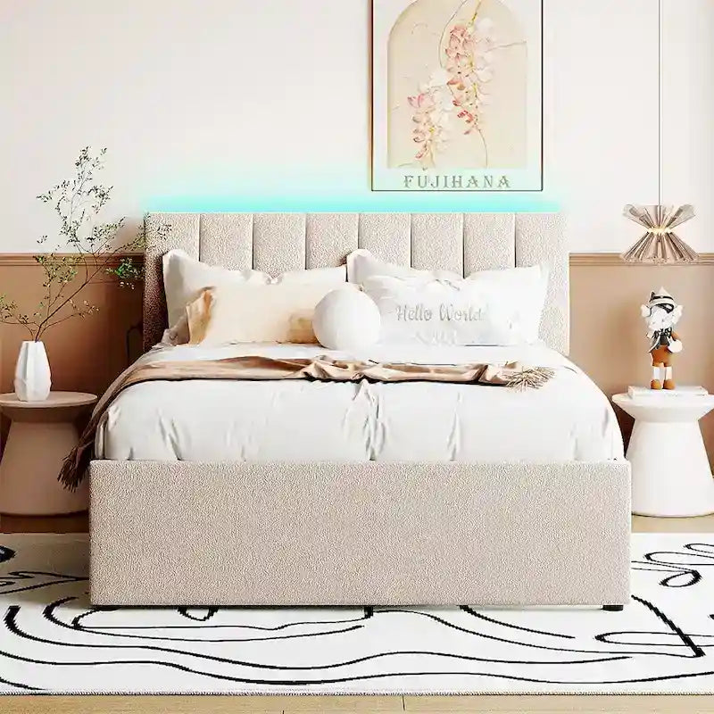 Teddy Fleece Full Size Upholstered Platform Bed with Trundle