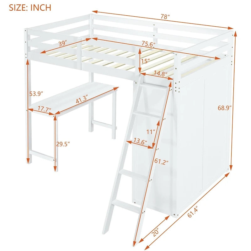 Merax Loft Bed with Wardrobe and Desk and Shelves