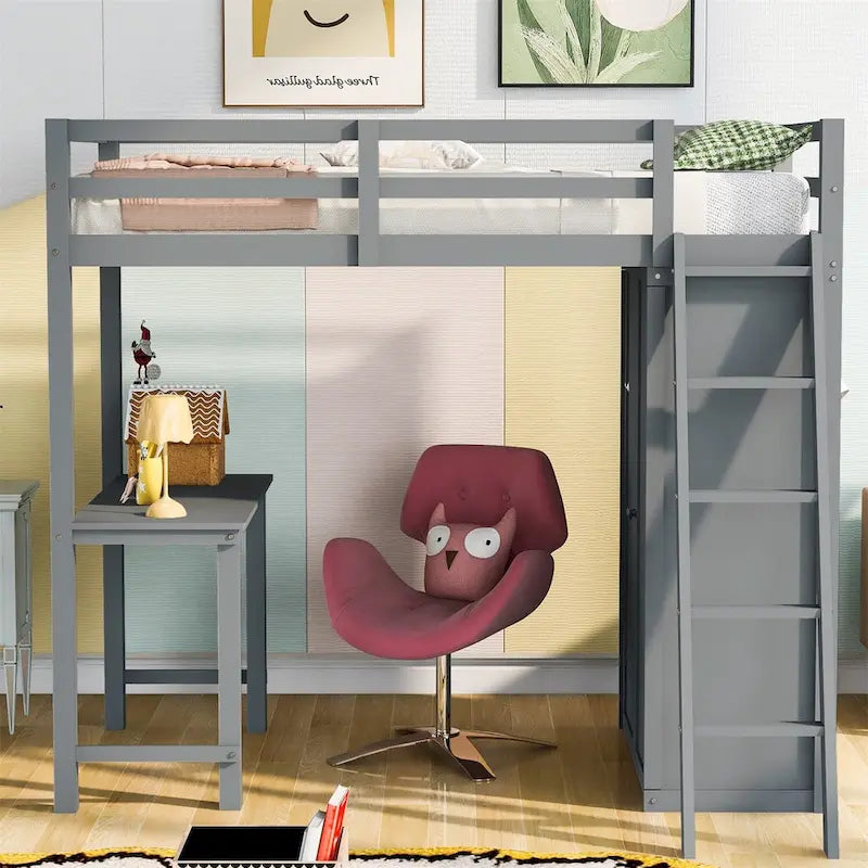 Merax Loft Bed with Wardrobe and Desk and Shelves