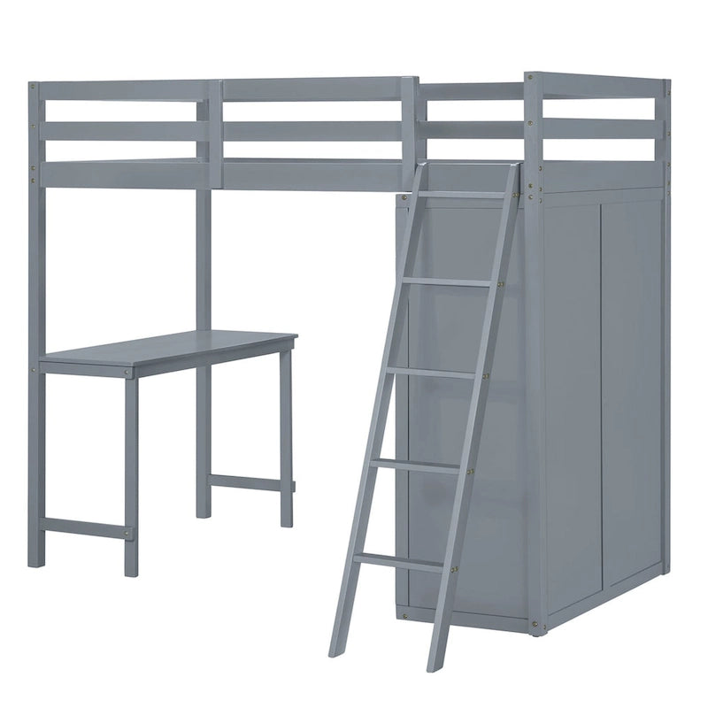 Merax Loft Bed with Wardrobe and Desk and Shelves