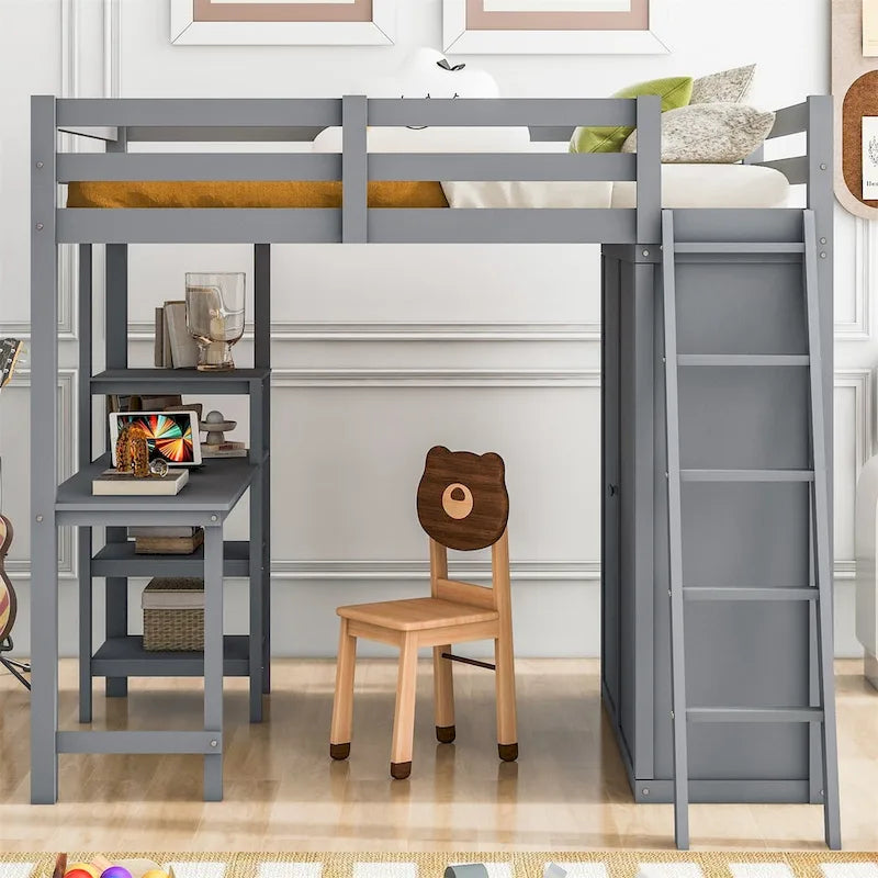 Merax Loft Bed with Wardrobe and Desk and Shelves