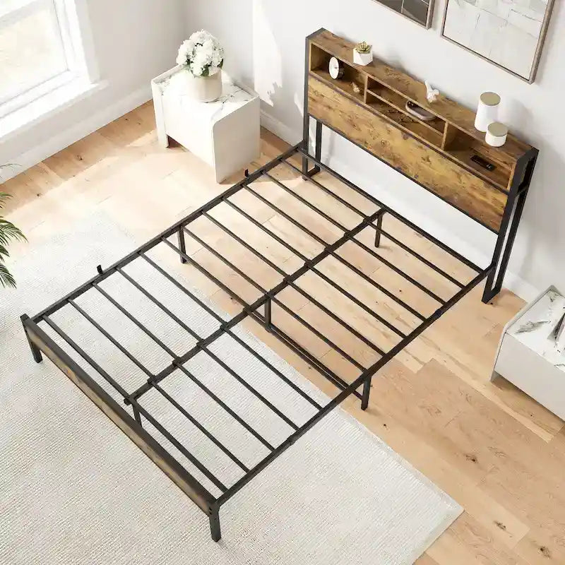 Full Size Bed Frame with Storage Headboard
